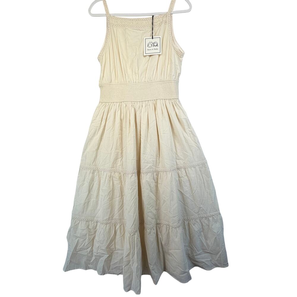 NWT Aaron‎ & Amber Crochet Trim Tiered Midi Sundress Women Size M Cream Boho $80